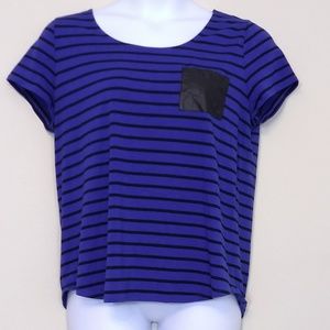 Blue with black stripe shirt w faux leather pocket